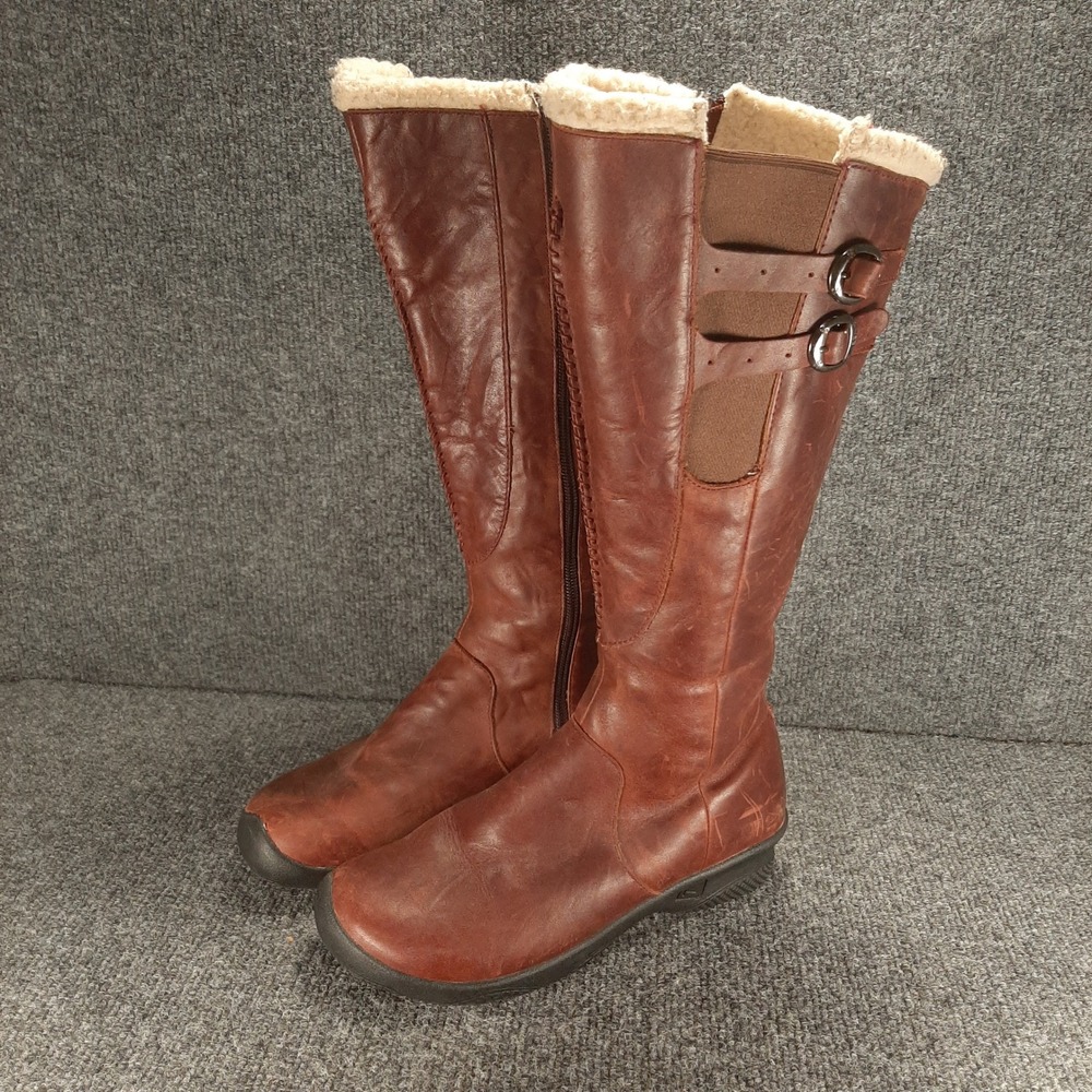 KEEN Tall Boots 5464-ORLA 6.5 Brown Womens Leather Faux Fur Lined Buckle Zip